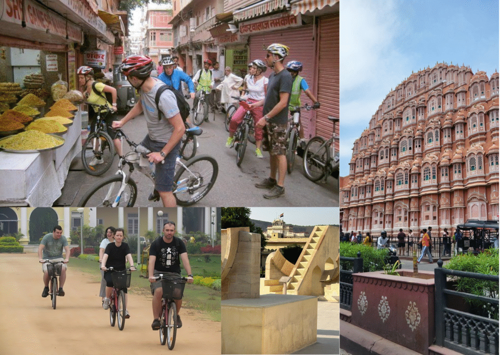 Tourists on a morning cycling tour in Jaipur streets